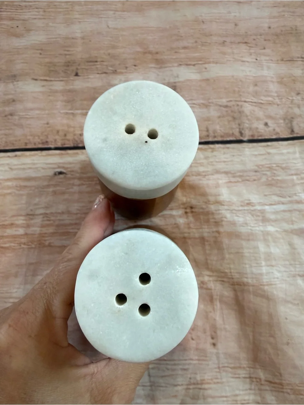 Salt & Pepper Shakers White Oxnard Wood Metal Band Hand Crafted Marble